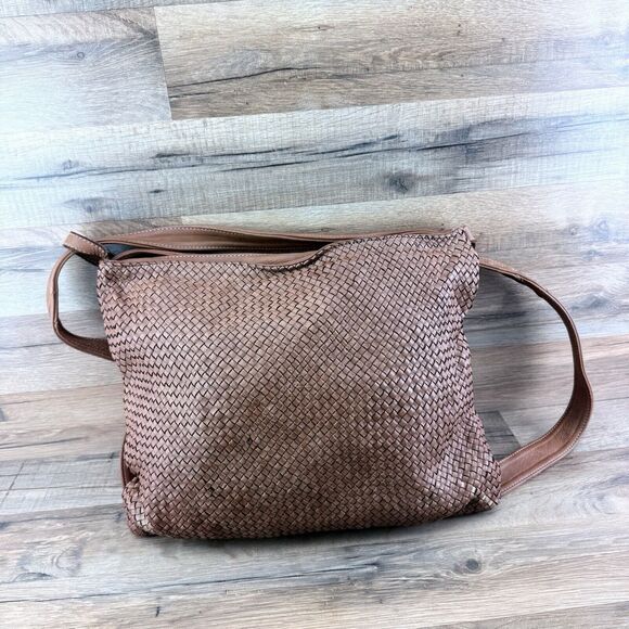 Hobo Crossbody Bag Brown Woven Leather Detachable Shoulder Strap Made In… - Picture 1 of 8